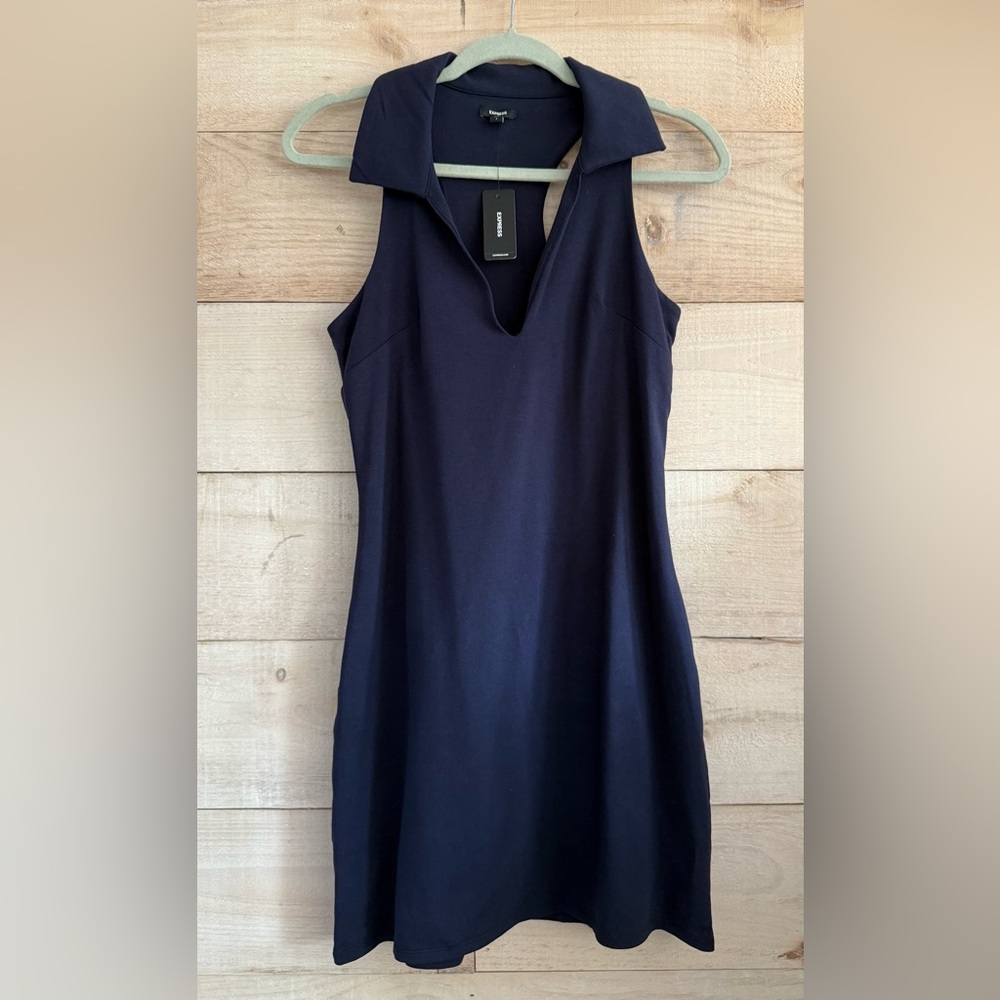 NWT Express V-Neck Sleeveless Mini Polo Dress Racerback Navy Blue Lined Sz S